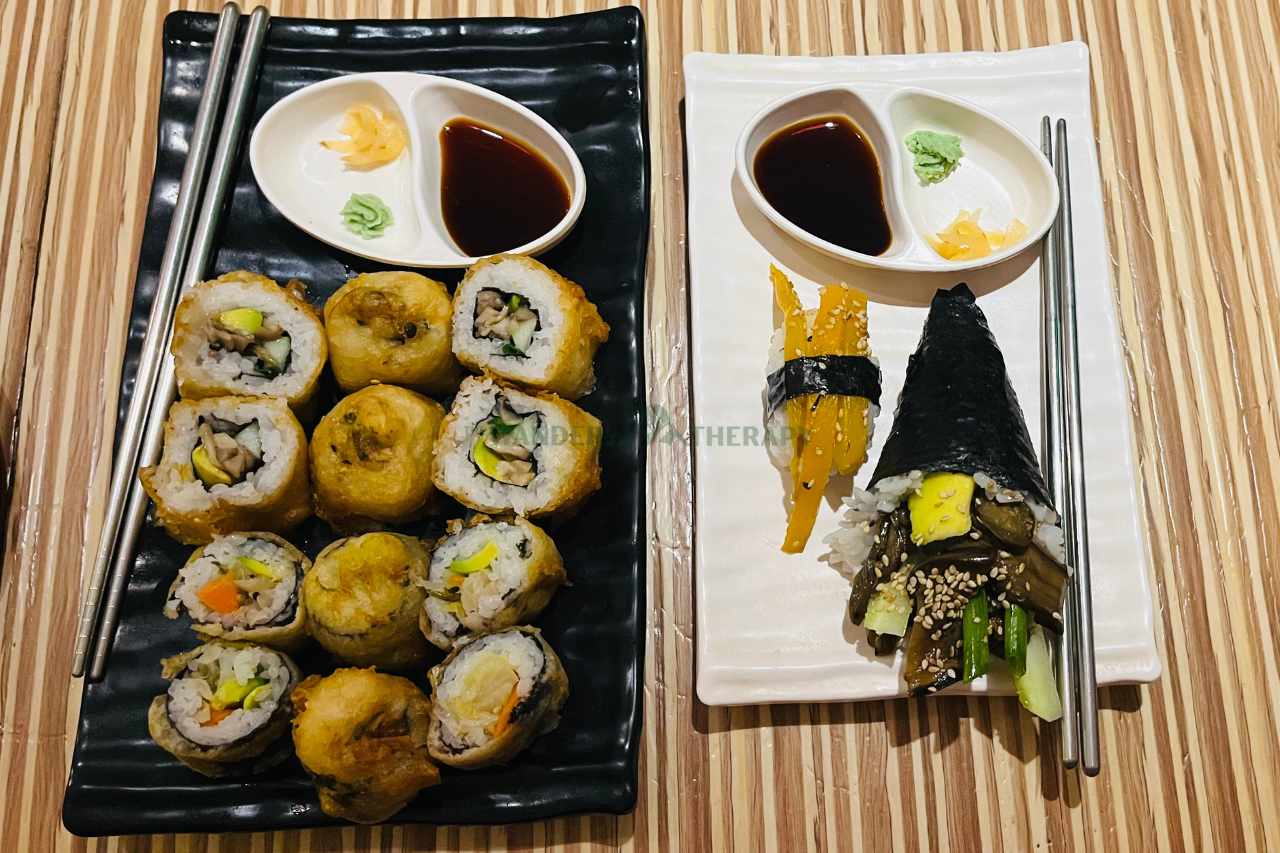 auroville restaurants cafes : rinjal Sushi, Kimchi Sushi, Pumpkin Sushi & Tempura Sushi 